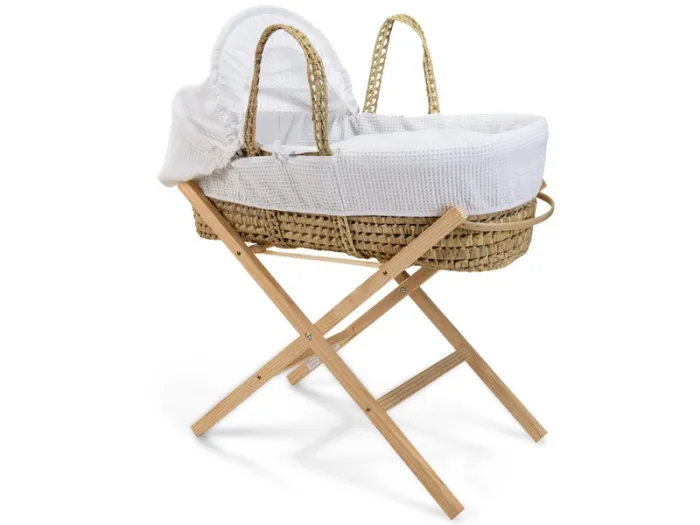 Waffle Palm Moses Basket & Natural Folding Stand - White