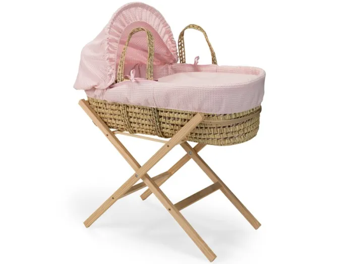 Waffle Palm Moses Basket & Natural Folding Stand - Pink