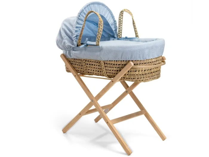 Waffle Palm Moses Basket & Natural Folding Stand - Blue