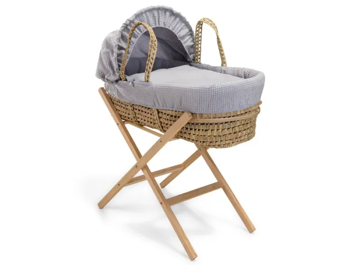 Waffle Palm Moses Basket & Natural Folding Stand - Grey