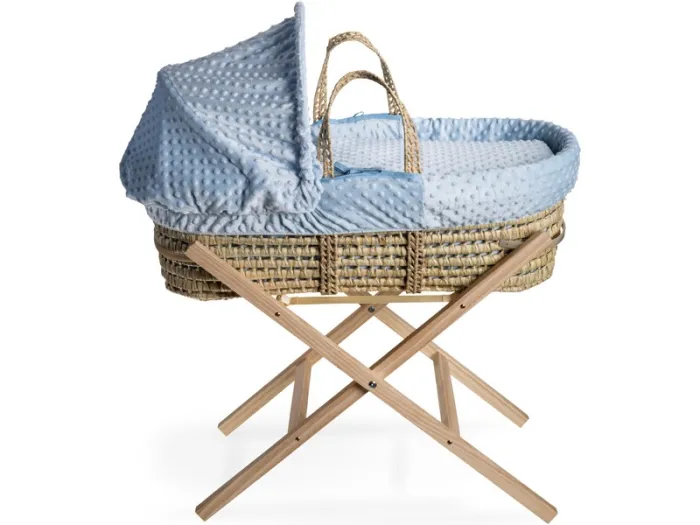 Dimple Palm Moses Basket & Natural Folding Stand - Blue