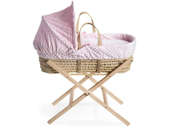 Dimple Palm Moses Basket & Natural Folding Stand - Pink