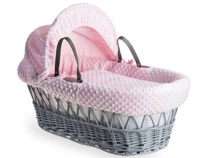 Dimple Grey Wicker Moses Basket - Pink | Clair de Lune