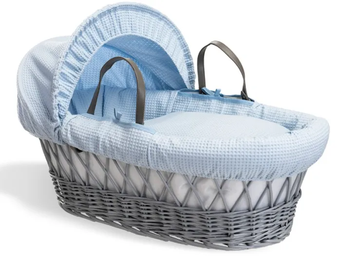 Clair de Lune Waffle Grey Wicker Moses Basket - Blue