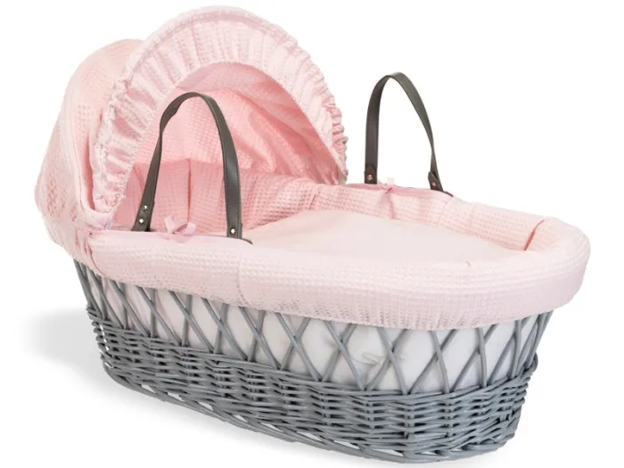 Clair de Lune Waffle Grey Wicker Moses Basket - Pink