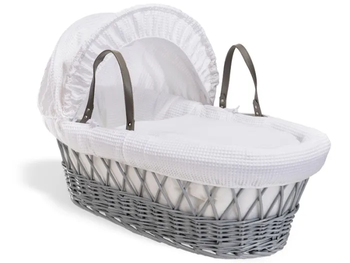 Clair de Lune Waffle Grey Wicker Moses Basket - White