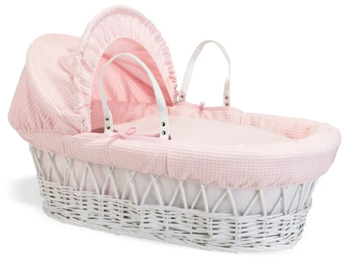 Clair de Lune Waffle White Wicker Moses Basket - Pink