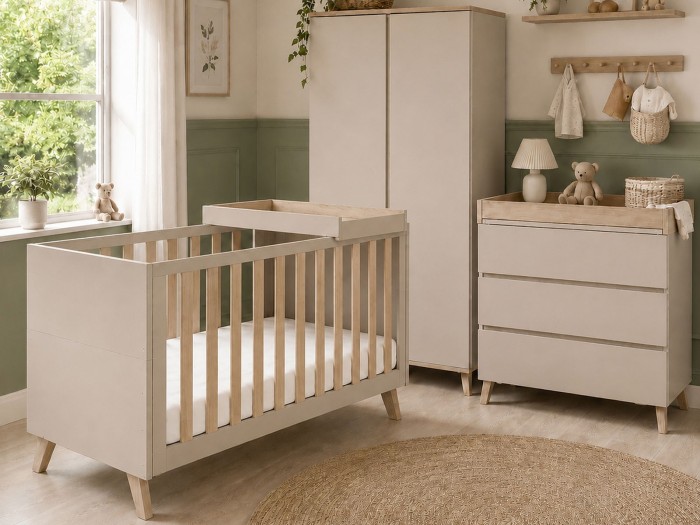 Dante Cot Bed 3 piece roomset with cot top changer-Cashmere | Babymore