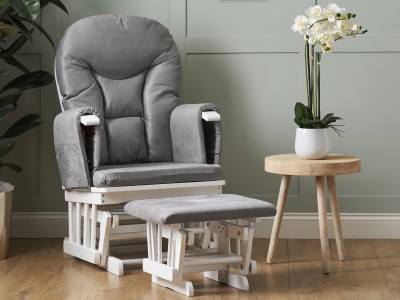 Obaby Reclining Glider Chair And Stool in White with Grey Cushion