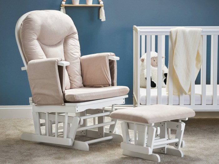 Obaby Reclining Glider Chair And Stool in White with Sand Cushion