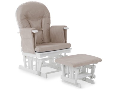 Obaby Reclining Glider Chair And Stool in White with Sand Cushion