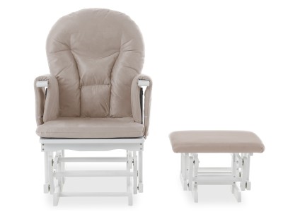 Obaby Reclining Glider Chair And Stool in White with Sand Cushion