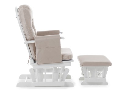 Obaby Reclining Glider Chair And Stool in White with Sand Cushion