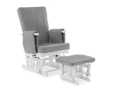 Deluxe Reclining Glider Chair And Stool in White with Grey Cushion
