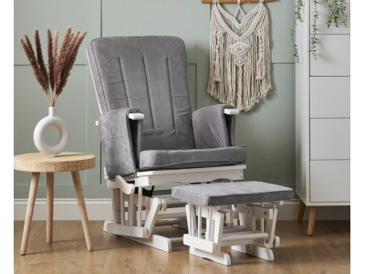 Deluxe Reclining Glider Chair And Stool in White with Grey Cushion