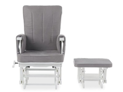Deluxe Reclining Glider Chair And Stool in White with Grey Cushion