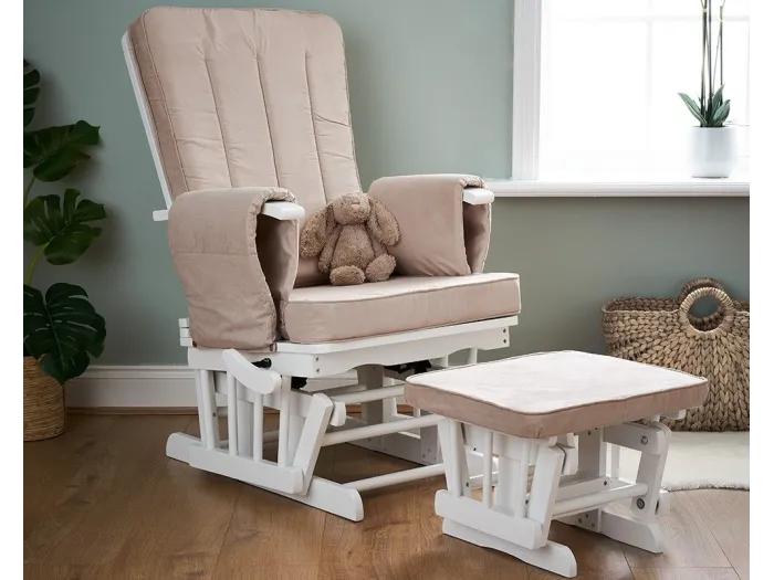 Obaby Deluxe Reclining Glider Chair And Stool - White with Sand Cushion
