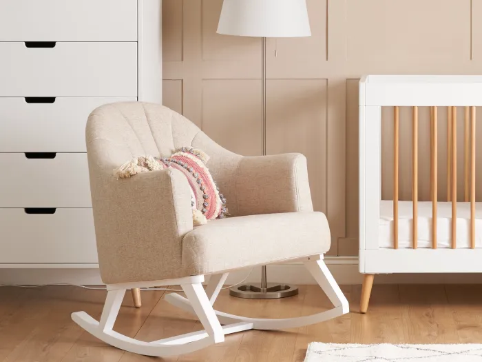 Obaby Round Back Rocking Chair - White with Oatmeal Cushions