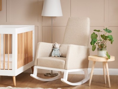 Obaby High Back Rocking Chair in White with Oatmeal Cushions