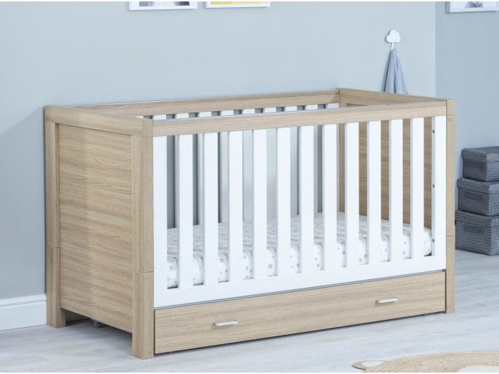 Luno Cot Bed With Drawer - Oak White | Babymore