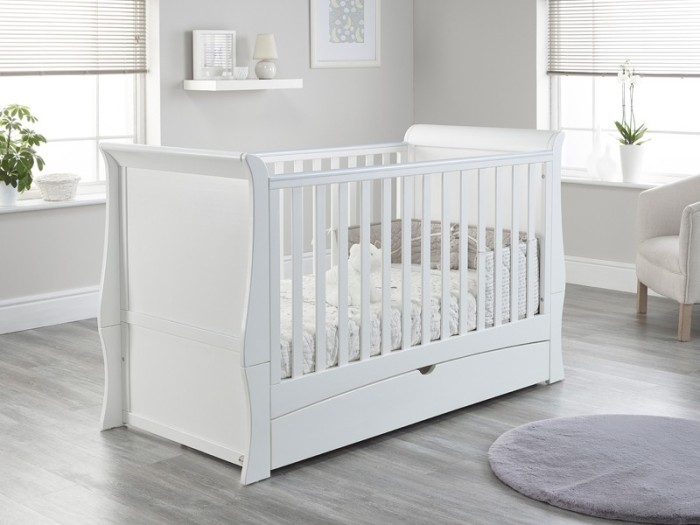 Lillian Sleigh Cot Bed with Drawer - White | Baby Snooze