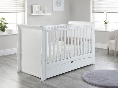 Lillian Sleigh Cot Bed with Drawer - White | Baby Snooze