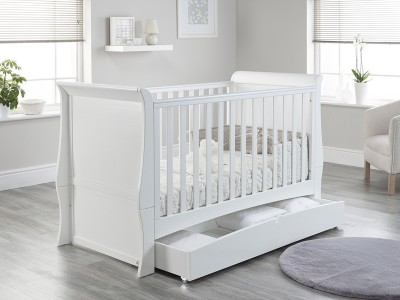 Lillian Sleigh Cot Bed with Drawer - White | Baby Snooze