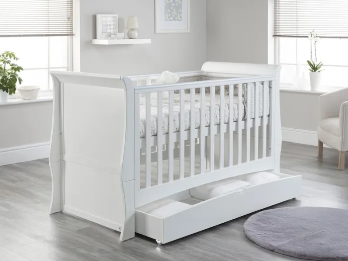 Lillian Sleigh Cot Bed with Drawer White Baby Snooze