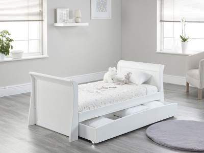 Lillian Sleigh Cot Bed with Drawer - White | Baby Snooze