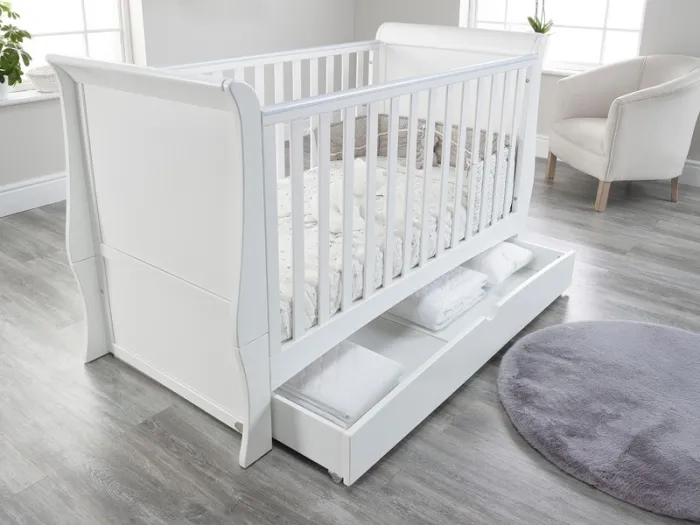 Lillian Sleigh Cot Bed with Drawer White Baby Snooze