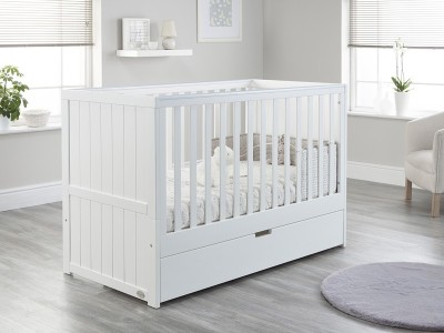 Jo Modern Styled Cot Bed with Drawer - White | Baby Snooze