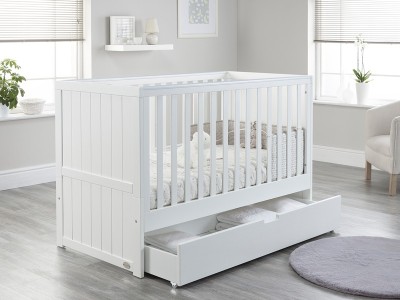 Jo Modern Styled Cot Bed with Drawer - White | Baby Snooze