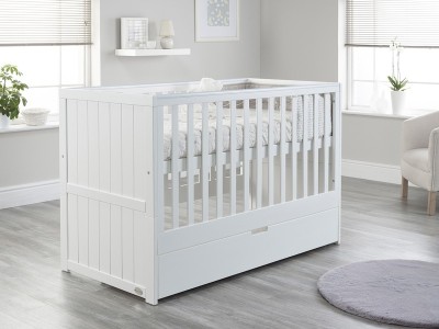 Jo Modern Styled Cot Bed with Drawer - White | Baby Snooze