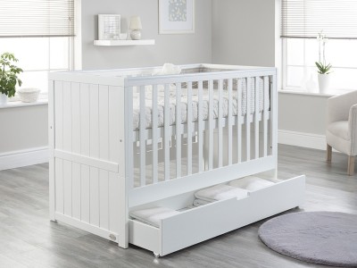Jo Modern Styled Cot Bed with Drawer - White | Baby Snooze