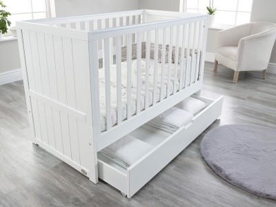 Jo Modern Styled Cot Bed with Drawer - White | Baby Snooze